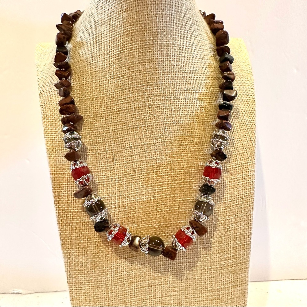 Genuine Gemstone & Glass Bead Necklace- silver tone w/ tigers eye / red & gray